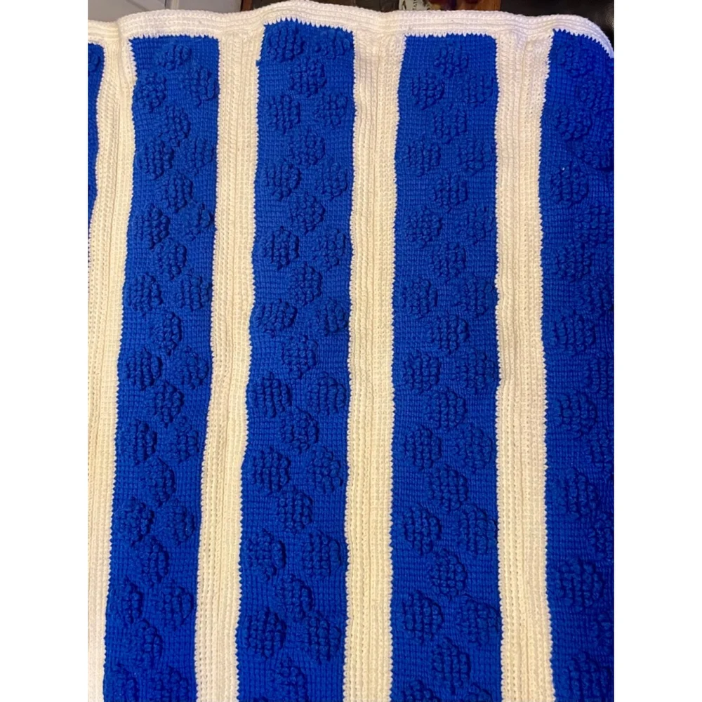 Handmade Afghan Blue and White Striped textured puffs crochet blanket school